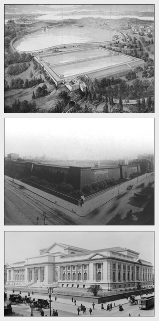 Receiving reservoir in Central Park, distributing reservoir in midtown, and the New York Public Library's main branch.